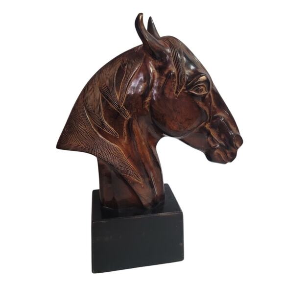 Bombay Cast Metal Solid Horse Head Sculpture Brown Black Base India Made Rare - Picture 1 of 6